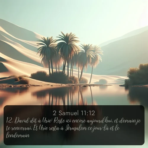 Segond 2 Samuel  ; image nature: image avec le verset biblique :David dit à Urie: Reste ici encore aujourd&#039;hui, et demain je te renverrai. Et Urie resta à Jérusalem ce jour-là et le lendemain. ;  ; 11:12