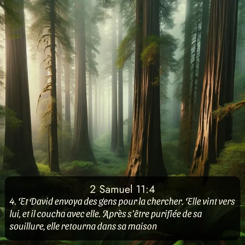 Segond 2 Samuel  ; image nature: image avec le verset biblique :Et David envoya des gens pour la chercher. Elle vint vers lui, et il coucha avec elle. Après s&#039;être purifiée de sa souillure, elle retourna dans sa maison. ;  ; 11:4