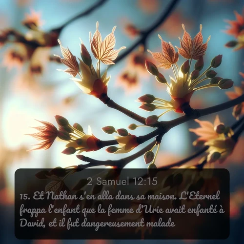 Segond 2 Samuel  ; image nature: image avec le verset biblique :Et Nathan s&#039;en alla dans sa maison. L&#039;Eternel frappa l&#039;enfant que la femme d&#039;Urie avait enfanté à David, et il fut dangereusement malade. ;  ; 12:15