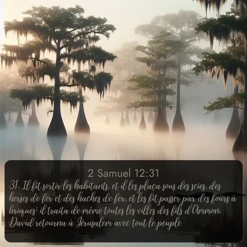 Segond 2 Samuel  ; image nature: image avec le verset biblique :Il fit sortir les habitants, et il les plaça sous des scies, des herses de fer et des haches de fer, et les fit passer par des fours à briques; il traita de même toutes les villes des fils d&#039;Ammon. David retourna à Jérusalem avec tout le peuple. ;  ; 12:31