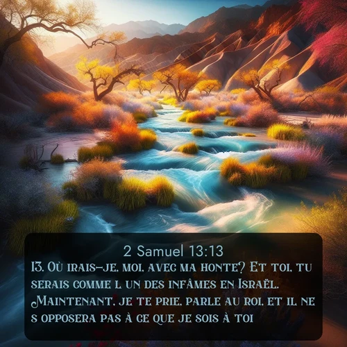 Segond 2 Samuel  ; image nature: image avec le verset biblique :Où irais-je, moi, avec ma honte? Et toi, tu serais comme l&#039;un des infâmes en Israël. Maintenant, je te prie, parle au roi, et il ne s&#039;opposera pas à ce que je sois à toi. ;  ; 13:13