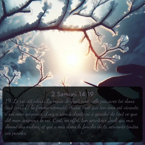 Segond 2 Samuel  ; image nature: image avec le verset biblique :Le roi dit alors: La main de Joab n&#039;est-elle pas avec toi dans tout ceci? Et la femme répondit: Aussi vrai que ton âme est vivante, ô roi mon seigneur, il n&#039;y a rien à droite ni à gauche de tout ce que dit mon seigneur le roi. C&#039;est, en effet, ton serviteur Joab qui m&#039;a donné des ordres, et qui a mis dans la bouche de ta servante toutes ces paroles. ;  ; 14:19