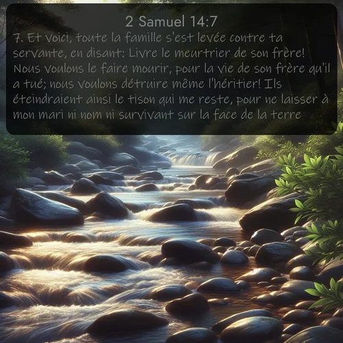 Segond 2 Samuel  ; image nature: image avec le verset biblique :Et voici, toute la famille s&#039;est levée contre ta servante, en disant: Livre le meurtrier de son frère! Nous voulons le faire mourir, pour la vie de son frère qu&#039;il a tué; nous voulons détruire même l&#039;héritier! Ils éteindraient ainsi le tison qui me reste, pour ne laisser à mon mari ni nom ni survivant sur la face de la terre. ;  ; 14:7