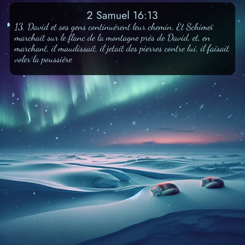 Segond 2 Samuel  ; image nature: image avec le verset biblique :David et ses gens continuèrent leur chemin. Et Schimeï marchait sur le flanc de la montagne près de David, et, en marchant, il maudissait, il jetait des pierres contre lui, il faisait voler la poussière. ;  ; 16:13