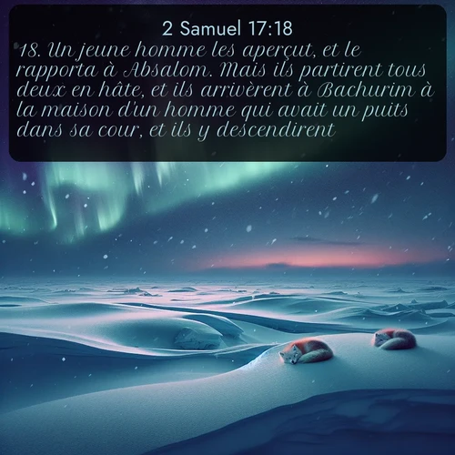 Segond 2 Samuel  ; image nature: image avec le verset biblique :Un jeune homme les aperçut, et le rapporta à Absalom. Mais ils partirent tous deux en hâte, et ils arrivèrent à Bachurim à la maison d&#039;un homme qui avait un puits dans sa cour, et ils y descendirent. ;  ; 17:18