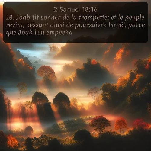 Segond 2 Samuel  ; image nature: image avec le verset biblique :Joab fit sonner de la trompette; et le peuple revint, cessant ainsi de poursuivre Israël, parce que Joab l&#039;en empêcha. ;  ; 18:16