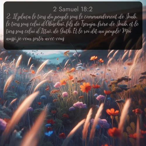 Segond 2 Samuel  ; image nature: image avec le verset biblique :Il plaça le tiers du peuple sous le commandement de Joab, le tiers sous celui d&#039;Abischaï, fils de Tseruja, frère de Joab, et le tiers sous celui d&#039;Ittaï, de Gath. Et le roi dit au peuple: Moi aussi, je veux sortir avec vous. ;  ; 18:2