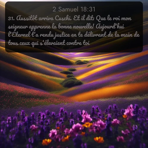 Segond 2 Samuel  ; image nature: image avec le verset biblique :Aussitôt arriva Cuschi. Et il dit: Que le roi mon seigneur apprenne la bonne nouvelle! Aujourd&#039;hui l&#039;Eternel t&#039;a rendu justice en te délivrant de la main de tous ceux qui s&#039;élevaient contre toi. ;  ; 18:31