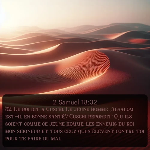 Segond 2 Samuel  ; image nature: image avec le verset biblique :Le roi dit à Cuschi: Le jeune homme Absalom est-il en bonne santé? Cuschi répondit: Qu&#039;ils soient comme ce jeune homme, les ennemis du roi mon seigneur et tous ceux qui s&#039;élèvent contre toi pour te faire du mal! ;  ; 18:32