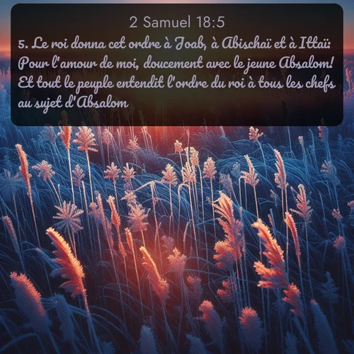 Segond 2 Samuel  ; image nature: image avec le verset biblique :Le roi donna cet ordre à Joab, à Abischaï et à Ittaï: Pour l&#039;amour de moi, doucement avec le jeune Absalom! Et tout le peuple entendit l&#039;ordre du roi à tous les chefs au sujet d&#039;Absalom. ;  ; 18:5