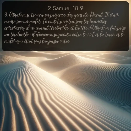 Segond 2 Samuel  ; image nature: image avec le verset biblique :Absalom se trouva en présence des gens de David. Il était monté sur un mulet. Le mulet pénétra sous les branches entrelacées d&#039;un grand térébinthe, et la tête d&#039;Absalom fut prise au térébinthe; il demeura suspendu entre le ciel et la terre, et le mulet qui était sous lui passa outre. ;  ; 18:9