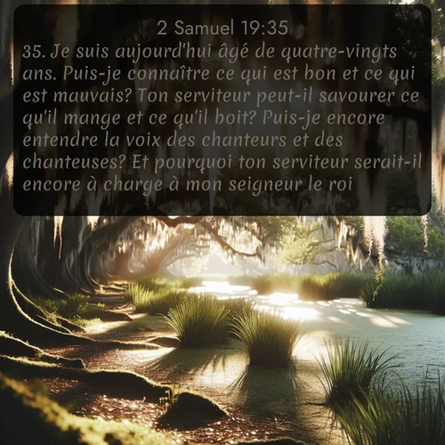 Segond 2 Samuel  ; image nature: image avec le verset biblique :Je suis aujourd&#039;hui âgé de quatre-vingts ans. Puis-je connaître ce qui est bon et ce qui est mauvais? Ton serviteur peut-il savourer ce qu&#039;il mange et ce qu&#039;il boit? Puis-je encore entendre la voix des chanteurs et des chanteuses? Et pourquoi ton serviteur serait-il encore à charge à mon seigneur le roi? ;  ; 19:35
