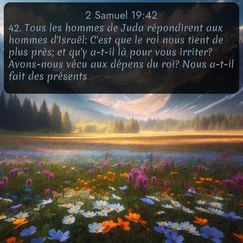 Segond 2 Samuel  ; image nature: image avec le verset biblique :Tous les hommes de Juda répondirent aux hommes d&#039;Israël: C&#039;est que le roi nous tient de plus près; et qu&#039;y a-t-il là pour vous irriter? Avons-nous vécu aux dépens du roi? Nous a-t-il fait des présents? ;  ; 19:42