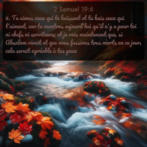 Segond 2 Samuel  ; image nature: image avec le verset biblique :Tu aimes ceux qui te haïssent et tu hais ceux qui t&#039;aiment, car tu montres aujourd&#039;hui qu&#039;il n&#039;y a pour toi ni chefs ni serviteurs; et je vois maintenant que, si Absalom vivait et que nous fussions tous morts en ce jour, cela serait agréable à tes yeux. ;  ; 19:6