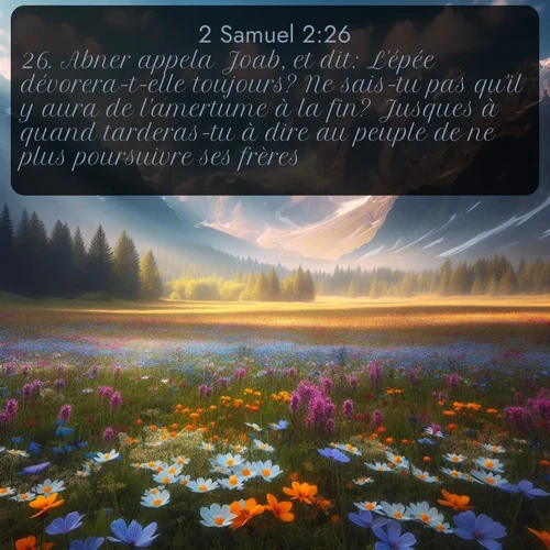 Segond 2 Samuel  ; image nature: image avec le verset biblique :Abner appela Joab, et dit: L&#039;épée dévorera-t-elle toujours? Ne sais-tu pas qu&#039;il y aura de l&#039;amertume à la fin? Jusques à quand tarderas-tu à dire au peuple de ne plus poursuivre ses frères? ;  ; 2:26