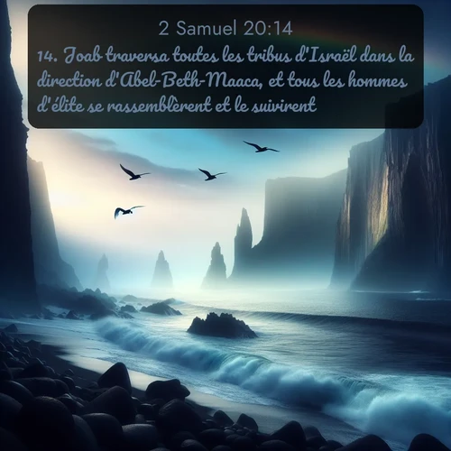 Segond 2 Samuel  ; image nature: image avec le verset biblique :Joab traversa toutes les tribus d&#039;Israël dans la direction d&#039;Abel-Beth-Maaca, et tous les hommes d&#039;élite se rassemblèrent et le suivirent. ;  ; 20:14