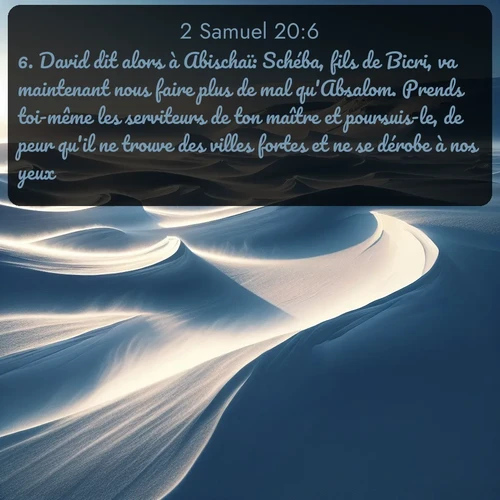 Segond 2 Samuel  ; image nature: image avec le verset biblique :David dit alors à Abischaï: Schéba, fils de Bicri, va maintenant nous faire plus de mal qu&#039;Absalom. Prends toi-même les serviteurs de ton maître et poursuis-le, de peur qu&#039;il ne trouve des villes fortes et ne se dérobe à nos yeux. ;  ; 20:6