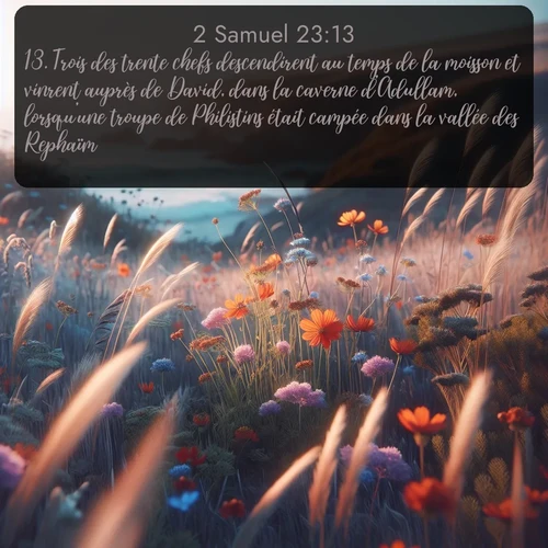 Segond 2 Samuel  ; image nature: image avec le verset biblique :Trois des trente chefs descendirent au temps de la moisson et vinrent auprès de David, dans la caverne d&#039;Adullam, lorsqu&#039;une troupe de Philistins était campée dans la vallée des Rephaïm. ;  ; 23:13