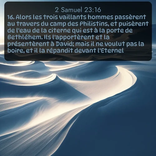 Segond 2 Samuel  ; image nature: image avec le verset biblique :Alors les trois vaillants hommes passèrent au travers du camp des Philistins, et puisèrent de l&#039;eau de la citerne qui est à la porte de Bethléhem. Ils l&#039;apportèrent et la présentèrent à David; mais il ne voulut pas la boire, et il la répandit devant l&#039;Eternel. ;  ; 23:16