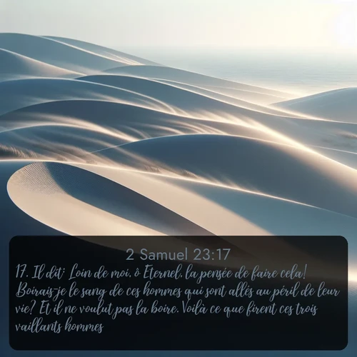 Segond 2 Samuel  ; image nature: image avec le verset biblique :Il dit: Loin de moi, ô Eternel, la pensée de faire cela! Boirais-je le sang de ces hommes qui sont allés au péril de leur vie? Et il ne voulut pas la boire. Voilà ce que firent ces trois vaillants hommes. ;  ; 23:17