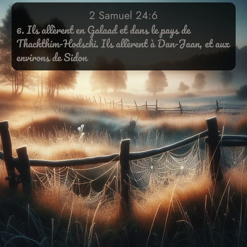 Segond 2 Samuel  ; image nature: image avec le verset biblique :Ils allèrent en Galaad et dans le pays de Thachthim-Hodschi. Ils allèrent à Dan-Jaan, et aux environs de Sidon. ;  ; 24:6