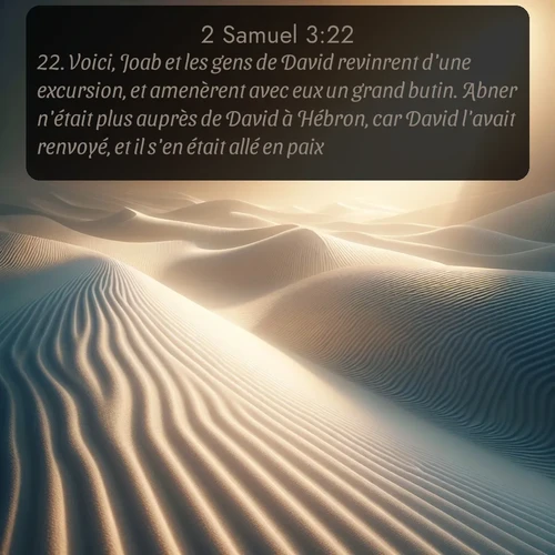 Segond 2 Samuel  ; image nature: image avec le verset biblique :Voici, Joab et les gens de David revinrent d&#039;une excursion, et amenèrent avec eux un grand butin. Abner n&#039;était plus auprès de David à Hébron, car David l&#039;avait renvoyé, et il s&#039;en était allé en paix. ;  ; 3:22