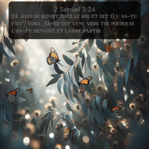 Segond 2 Samuel  ; image nature: image avec le verset biblique :Joab se rendit chez le roi, et dit: Qu&#039;as-tu fait? Voici, Abner est venu vers toi; pourquoi l&#039;as-tu renvoyé et laissé partir? ;  ; 3:24