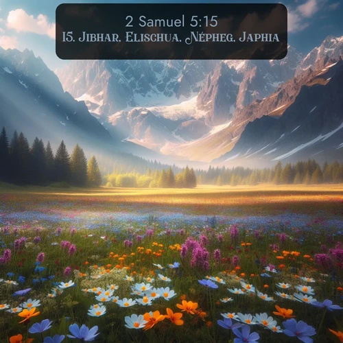 Segond 2 Samuel  ; image nature: image avec le verset biblique :Jibhar, Elischua, Népheg, Japhia, ;  ; 5:15