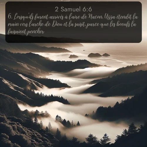 Segond 2 Samuel  ; image nature: image avec le verset biblique :Lorsqu&#039;ils furent arrivés à l&#039;aire de Nacon, Uzza étendit la main vers l&#039;arche de Dieu et la saisit, parce que les boeufs la faisaient pencher. ;  ; 6:6