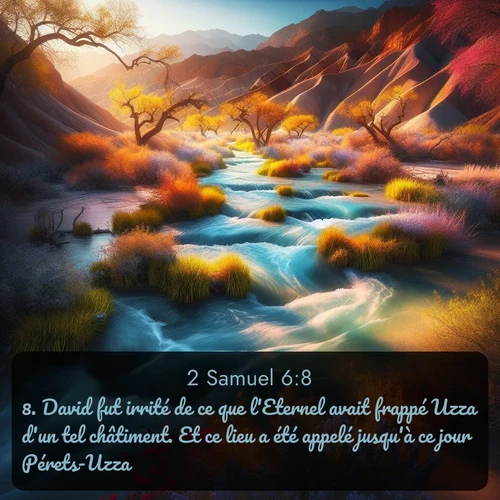Segond 2 Samuel  ; image nature: image avec le verset biblique :David fut irrité de ce que l&#039;Eternel avait frappé Uzza d&#039;un tel châtiment. Et ce lieu a été appelé jusqu&#039;à ce jour Pérets-Uzza. ;  ; 6:8