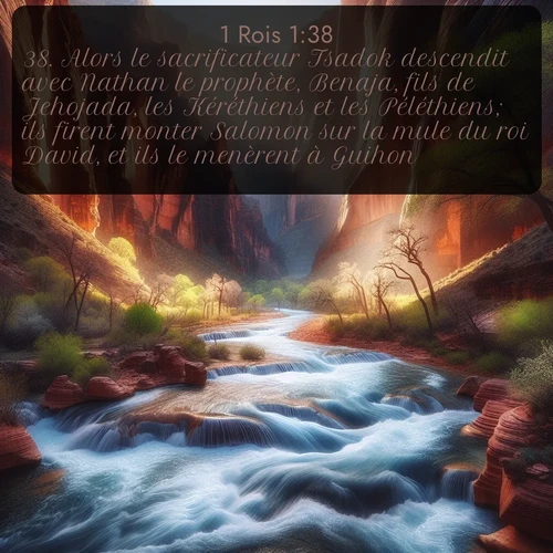 Segond 1 Rois  ; image nature: image avec le verset biblique :Alors le sacrificateur Tsadok descendit avec Nathan le prophète, Benaja, fils de Jehojada, les Kéréthiens et les Péléthiens; ils firent monter Salomon sur la mule du roi David, et ils le menèrent à Guihon. ;  ; 1:38