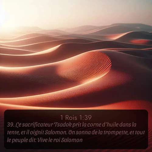 Segond 1 Rois  ; image nature: image avec le verset biblique :Le sacrificateur Tsadok prit la corne d&#039;huile dans la tente, et il oignit Salomon. On sonna de la trompette, et tout le peuple dit: Vive le roi Salomon! ;  ; 1:39