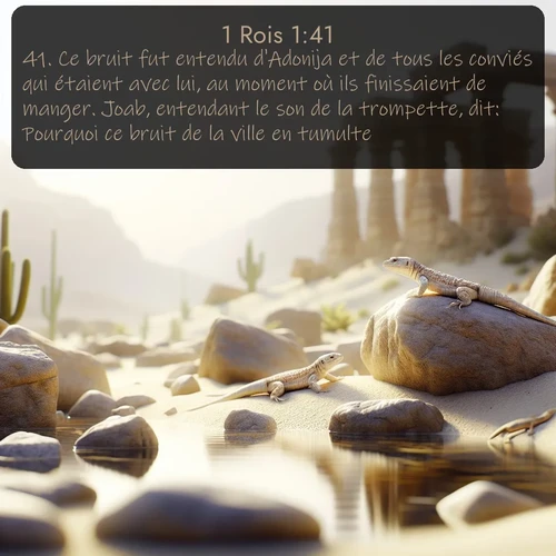 Segond 1 Rois  ; image nature: image avec le verset biblique :Ce bruit fut entendu d&#039;Adonija et de tous les conviés qui étaient avec lui, au moment où ils finissaient de manger. Joab, entendant le son de la trompette, dit: Pourquoi ce bruit de la ville en tumulte? ;  ; 1:41