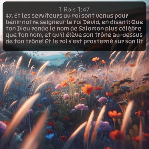 Segond 1 Rois  ; image nature: image avec le verset biblique :Et les serviteurs du roi sont venus pour bénir notre seigneur le roi David, en disant: Que ton Dieu rende le nom de Salomon plus célèbre que ton nom, et qu&#039;il élève son trône au-dessus de ton trône! Et le roi s&#039;est prosterné sur son lit. ;  ; 1:47