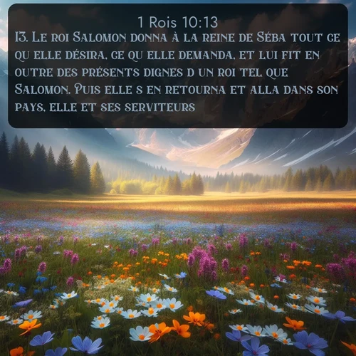 Segond 1 Rois  ; image nature: image avec le verset biblique :Le roi Salomon donna à la reine de Séba tout ce qu&#039;elle désira, ce qu&#039;elle demanda, et lui fit en outre des présents dignes d&#039;un roi tel que Salomon. Puis elle s&#039;en retourna et alla dans son pays, elle et ses serviteurs. ;  ; 10:13