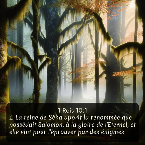 Segond 1 Rois  ; image nature: image avec le verset biblique :La reine de Séba apprit la renommée que possédait Salomon, à la gloire de l&#039;Eternel, et elle vint pour l&#039;éprouver par des énigmes. ;  ; 10:1