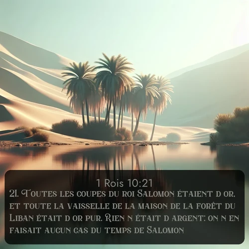 Segond 1 Rois  ; image nature: image avec le verset biblique :Toutes les coupes du roi Salomon étaient d&#039;or, et toute la vaisselle de la maison de la forêt du Liban était d&#039;or pur. Rien n&#039;était d&#039;argent: on n&#039;en faisait aucun cas du temps de Salomon. ;  ; 10:21