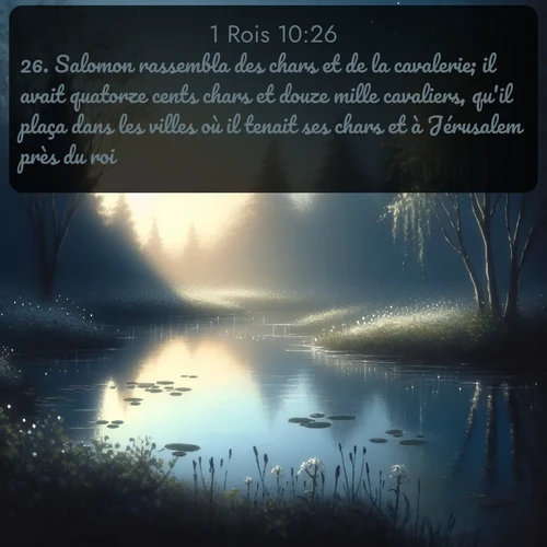 Segond 1 Rois  ; image nature: image avec le verset biblique :Salomon rassembla des chars et de la cavalerie; il avait quatorze cents chars et douze mille cavaliers, qu&#039;il plaça dans les villes où il tenait ses chars et à Jérusalem près du roi. ;  ; 10:26