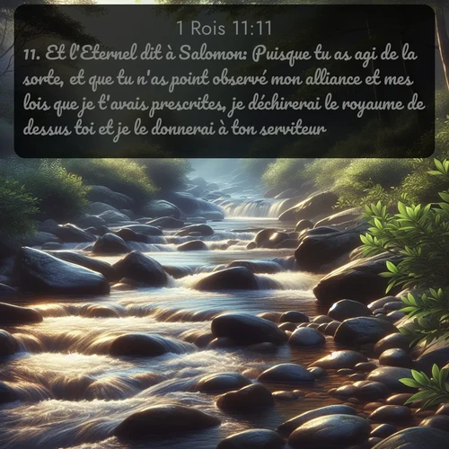 Segond 1 Rois  ; image nature: image avec le verset biblique :Et l&#039;Eternel dit à Salomon: Puisque tu as agi de la sorte, et que tu n&#039;as point observé mon alliance et mes lois que je t&#039;avais prescrites, je déchirerai le royaume de dessus toi et je le donnerai à ton serviteur. ;  ; 11:11