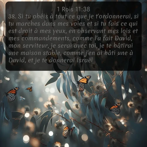 Segond 1 Rois  ; image nature: image avec le verset biblique :Si tu obéis à tout ce que je t&#039;ordonnerai, si tu marches dans mes voies et si tu fais ce qui est droit à mes yeux, en observant mes lois et mes commandements, comme l&#039;a fait David, mon serviteur, je serai avec toi, je te bâtirai une maison stable, comme j&#039;en ai bâti une à David, et je te donnerai Israël. ;  ; 11:38