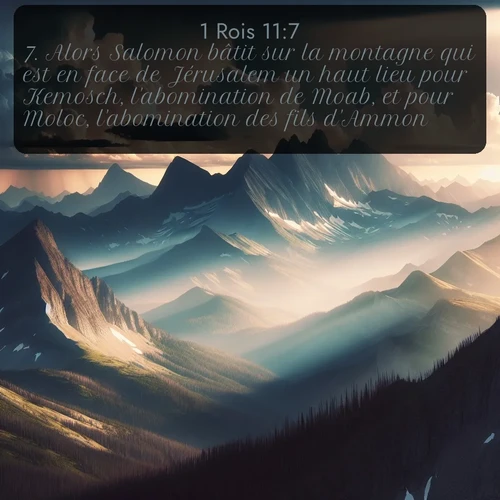 Segond 1 Rois  ; image nature: image avec le verset biblique :Alors Salomon bâtit sur la montagne qui est en face de Jérusalem un haut lieu pour Kemosch, l&#039;abomination de Moab, et pour Moloc, l&#039;abomination des fils d&#039;Ammon. ;  ; 11:7