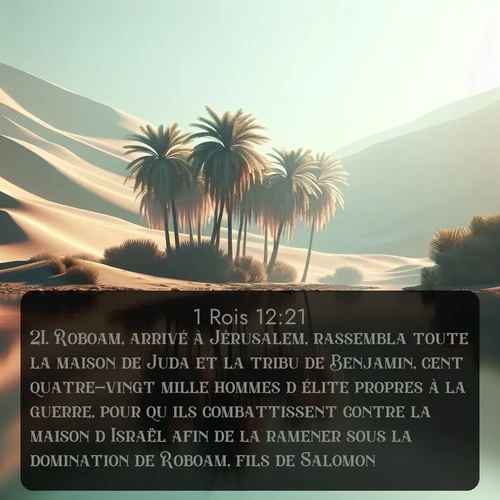 Segond 1 Rois  ; image nature: image avec le verset biblique :Roboam, arrivé à Jérusalem, rassembla toute la maison de Juda et la tribu de Benjamin, cent quatre-vingt mille hommes d&#039;élite propres à la guerre, pour qu&#039;ils combattissent contre la maison d&#039;Israël afin de la ramener sous la domination de Roboam, fils de Salomon. ;  ; 12:21