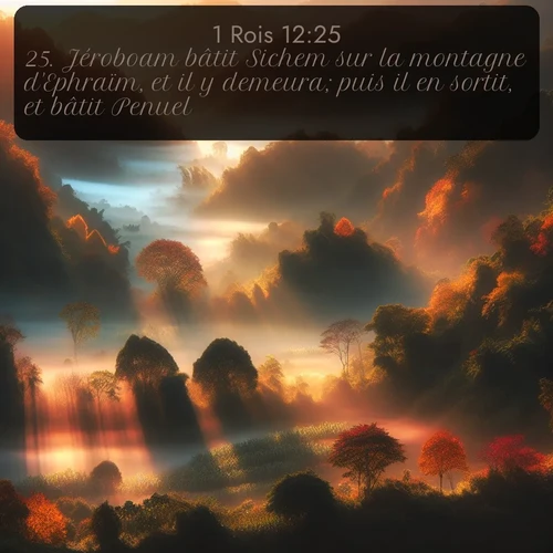 Segond 1 Rois  ; image nature: image avec le verset biblique :Jéroboam bâtit Sichem sur la montagne d&#039;Ephraïm, et il y demeura; puis il en sortit, et bâtit Penuel. ;  ; 12:25
