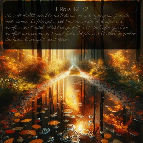 Segond 1 Rois  ; image nature: image avec le verset biblique :Il établit une fête au huitième mois, le quinzième jour du mois, comme la fête qui se célébrait en Juda, et il offrit des sacrifices sur l&#039;autel. Voici ce qu&#039;il fit à Béthel afin que l&#039;on sacrifiât aux veaux qu&#039;il avait faits. Il plaça à Béthel les prêtres des hauts lieux qu&#039;il avait élevés. ;  ; 12:32