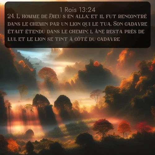 Segond 1 Rois  ; image nature: image avec le verset biblique :L&#039;homme de Dieu s&#039;en alla: et il fut rencontré dans le chemin par un lion qui le tua. Son cadavre était étendu dans le chemin; l&#039;âne resta près de lui, et le lion se tint à côté du cadavre. ;  ; 13:24