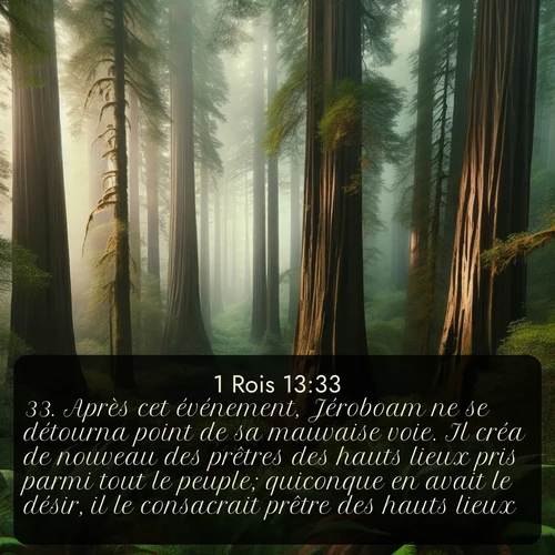 Segond 1 Rois  ; image nature: image avec le verset biblique :Après cet événement, Jéroboam ne se détourna point de sa mauvaise voie. Il créa de nouveau des prêtres des hauts lieux pris parmi tout le peuple; quiconque en avait le désir, il le consacrait prêtre des hauts lieux. ;  ; 13:33