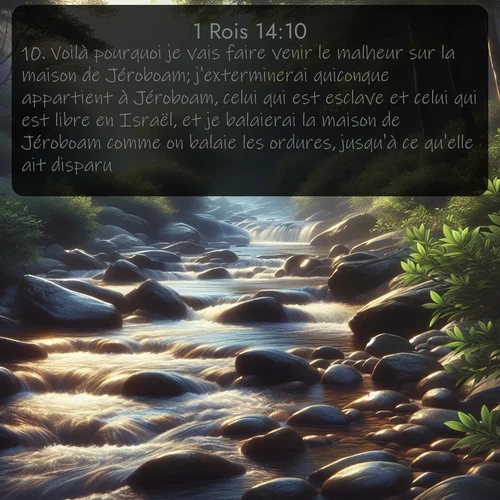 Segond 1 Rois  ; image nature: image avec le verset biblique :Voilà pourquoi je vais faire venir le malheur sur la maison de Jéroboam; j&#039;exterminerai quiconque appartient à Jéroboam, celui qui est esclave et celui qui est libre en Israël, et je balaierai la maison de Jéroboam comme on balaie les ordures, jusqu&#039;à ce qu&#039;elle ait disparu. ;  ; 14:10