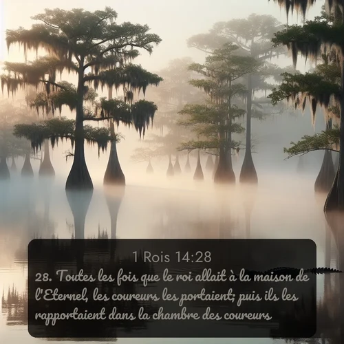 Segond 1 Rois  ; image nature: image avec le verset biblique :Toutes les fois que le roi allait à la maison de l&#039;Eternel, les coureurs les portaient; puis ils les rapportaient dans la chambre des coureurs. ;  ; 14:28