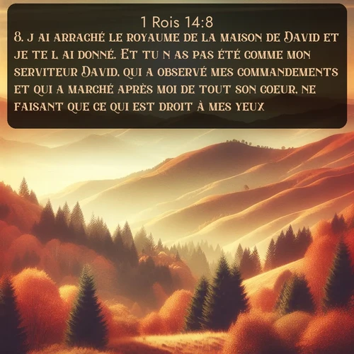 Segond 1 Rois  ; image nature: image avec le verset biblique :j&#039;ai arraché le royaume de la maison de David et je te l&#039;ai donné. Et tu n&#039;as pas été comme mon serviteur David, qui a observé mes commandements et qui a marché après moi de tout son coeur, ne faisant que ce qui est droit à mes yeux. ;  ; 14:8