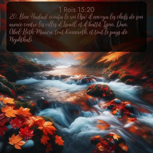 Segond 1 Rois  ; image nature: image avec le verset biblique :Ben-Hadad écouta le roi Asa; il envoya les chefs de son armée contre les villes d&#039;Israël, et il battit Ijjon, Dan, Abel-Beth-Maaca, tout Kinneroth, et tout le pays de Nephthali. ;  ; 15:20